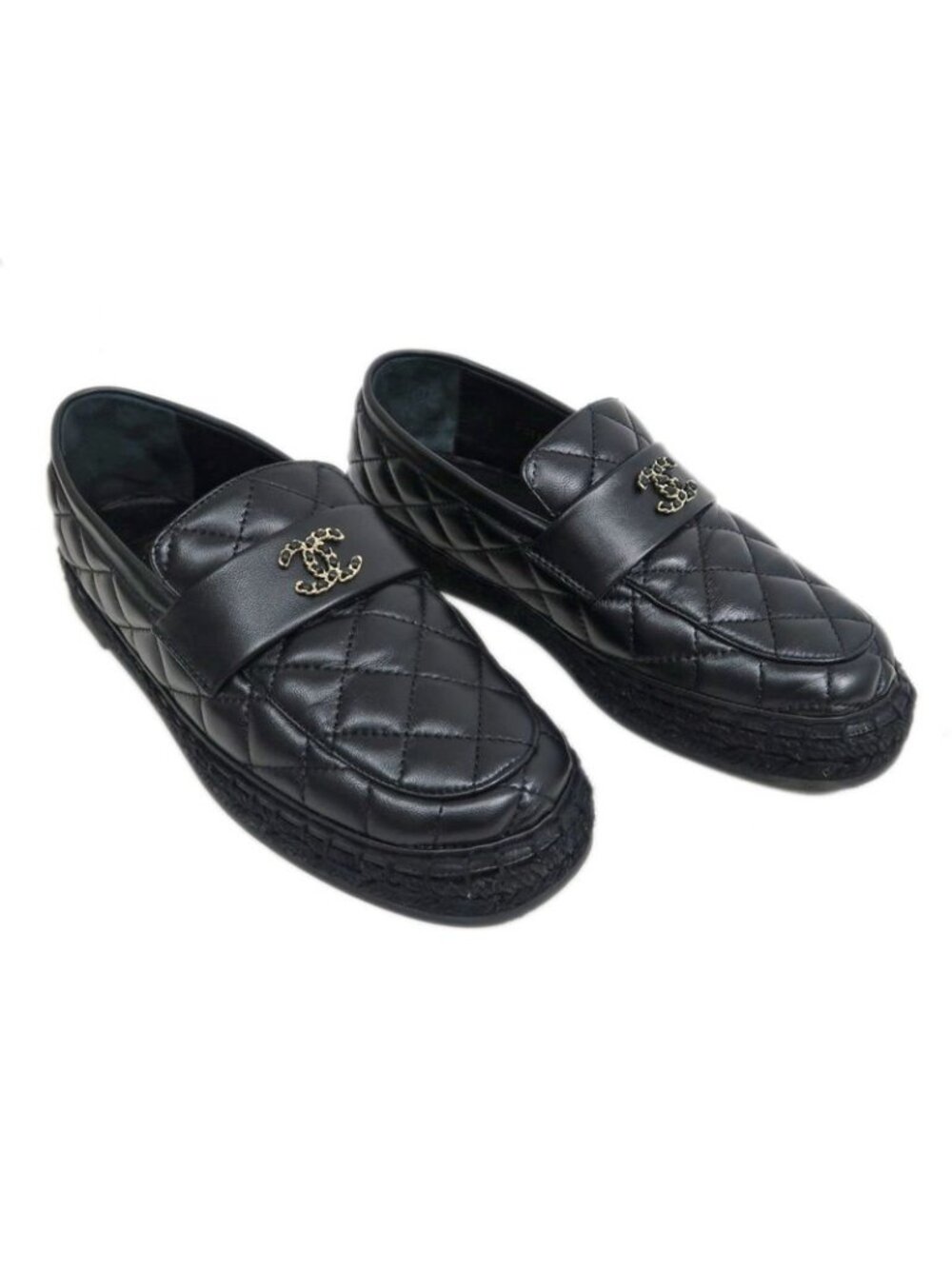 Chanel Loafers Size 37 C Lambskin Espadrilles Coco Mark Black - Picture 2 of 10